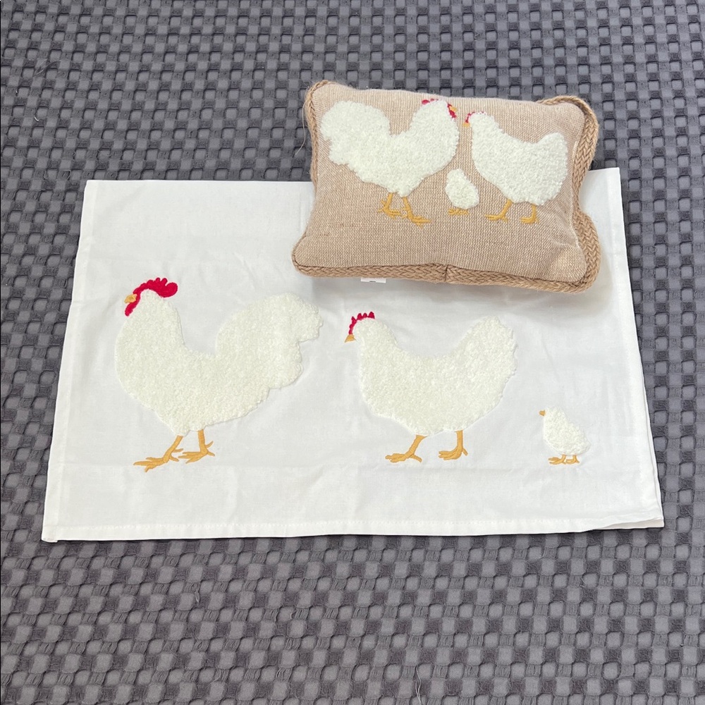 Chicken Embroidered Kitchen Towel and Cushion Set - White and Tan